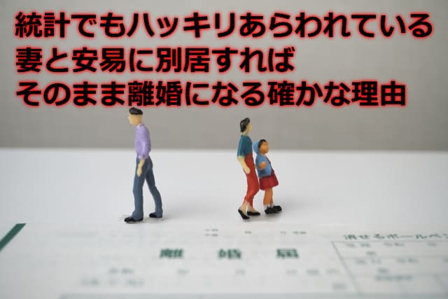 離婚届と夫婦が別々の方向に歩く人形の画像と「安易に別居すればそのまま離婚数になる確かな理由」などの文字