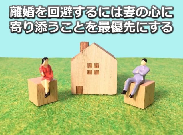 家を隔てて人形の夫婦が座っている画像と「離婚を回避するには妻の心に寄り添うことを最優先にする」などの文字
