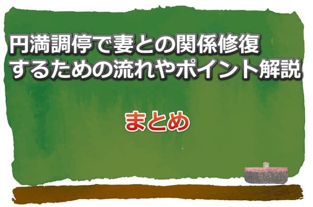 絵具の黒板イラスト画像と「円満調停で妻との関係修復するための流れやポイント解説まとめ」の文字